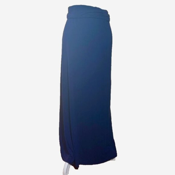 Caralase Navy Blue Long Knit Maxi Skirt Wide Band Fold Over Waist S/M - Picture 1 of 5